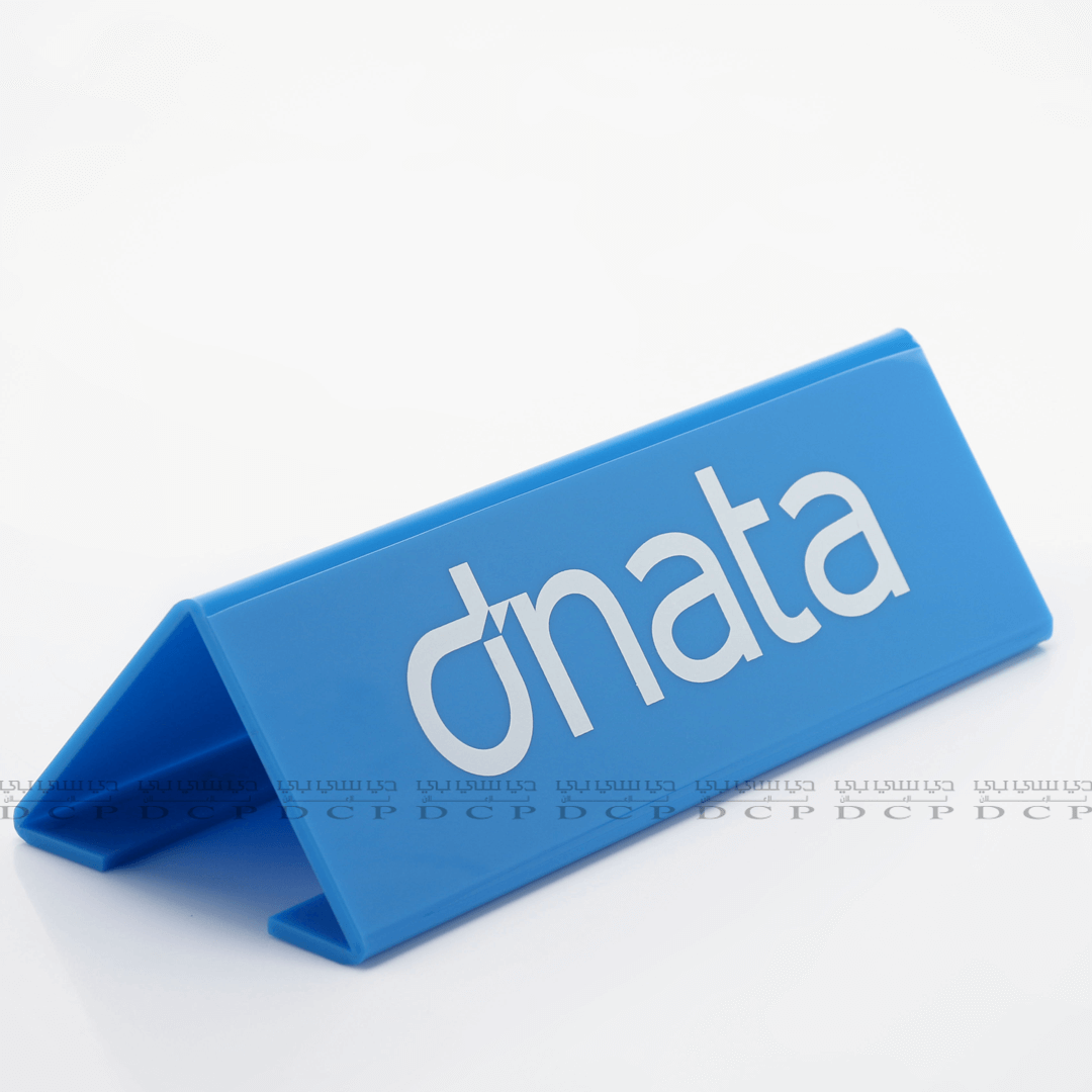 Full view of the Tabletop Sign Display in Acrylic, featuring a sleek and clear design for professional presentations