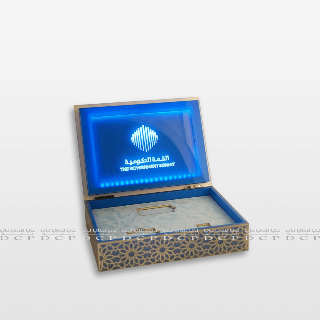 Full view of an Acrylic Display Box with Built-in LED Lights, showcasing a sleek and modern design perfect for premium displays