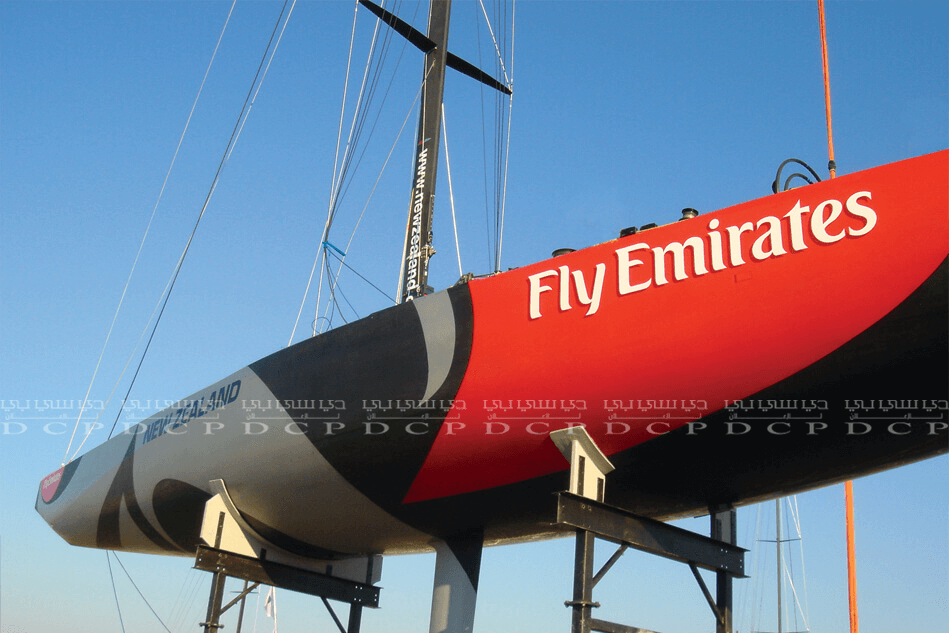 Full view of a personalized custom boat sticker, featuring vibrant designs and a sleek finish, ideal for marine use
